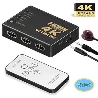 HDMI Switch 5X1 with Remote Control for UHD 4K Support, Full HD 1080P, 3D, Switch Splitter with Remote Control, HD Audio,5 in & 1 Out
