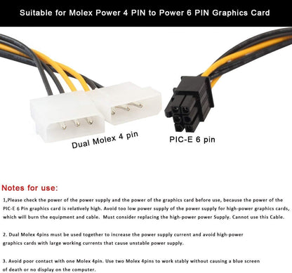 PCI Express 6 Pin to Dual 4 Pin Molex LP4 Power Cable Adapter Video Graphics Card Power Cable