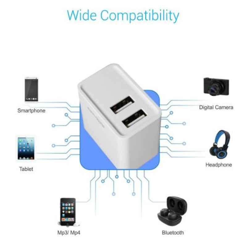 Portronics Adapto 646 POR-646, 3.1A Fast Charging Dual USB Port Wall Adapter with 1M Micro-USB Charging Cable (White)