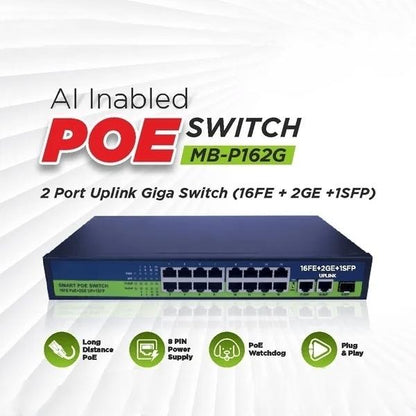 PoE Ethernet Switch Ai Poe (16Fe+2Ge+2 Sfp) Over Ethernet Switch 2 Port Uplink Giga, 802.3Af/At Poe+100MB-ps, 300W BuiltIn Power, Extend To 250Meter, Unmanaged Metal Plug And Play