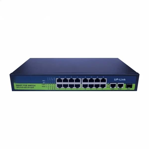 PoE Ethernet Switch Ai Poe (16Fe+2Ge+2 Sfp) Over Ethernet Switch 2 Port Uplink Giga, 802.3Af/At Poe+100MB-ps, 300W BuiltIn Power, Extend To 250Meter, Unmanaged Metal Plug And Play