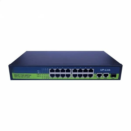 PoE Ethernet Switch Ai Poe (16Fe+2Ge+2 Sfp) Over Ethernet Switch 2 Port Uplink Giga, 802.3Af/At Poe+100MB-ps, 300W BuiltIn Power, Extend To 250Meter, Unmanaged Metal Plug And Play