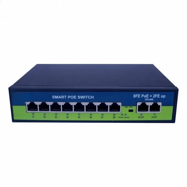 Poe Ai (8Fe+2Ge) Over Ethernet Switch 2 Port Uplink Giga, 802.3Af/At Poe+100Mbps, 120W Built-In Power, Extend To 250Meter, Unmanaged Metal Plug And Play