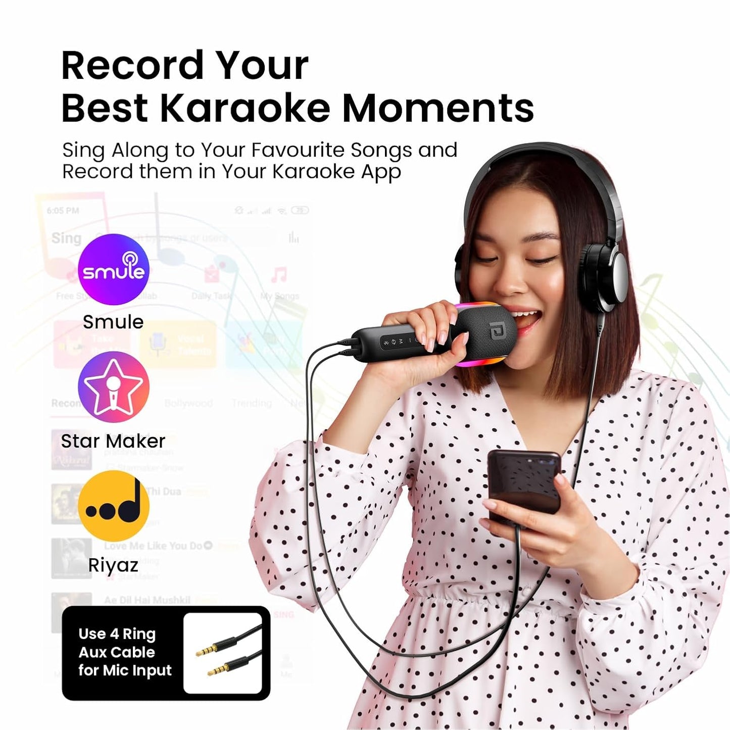 Portronics Dash 2 Wireless Bluetooth Karaoke Mic with 10W Speaker,Upto 10 Hour Playtime, Dynamic RGB Lights, Music Recording, Duet Singing, Mini Karaoke Machine for Car Travel, Fast Charging