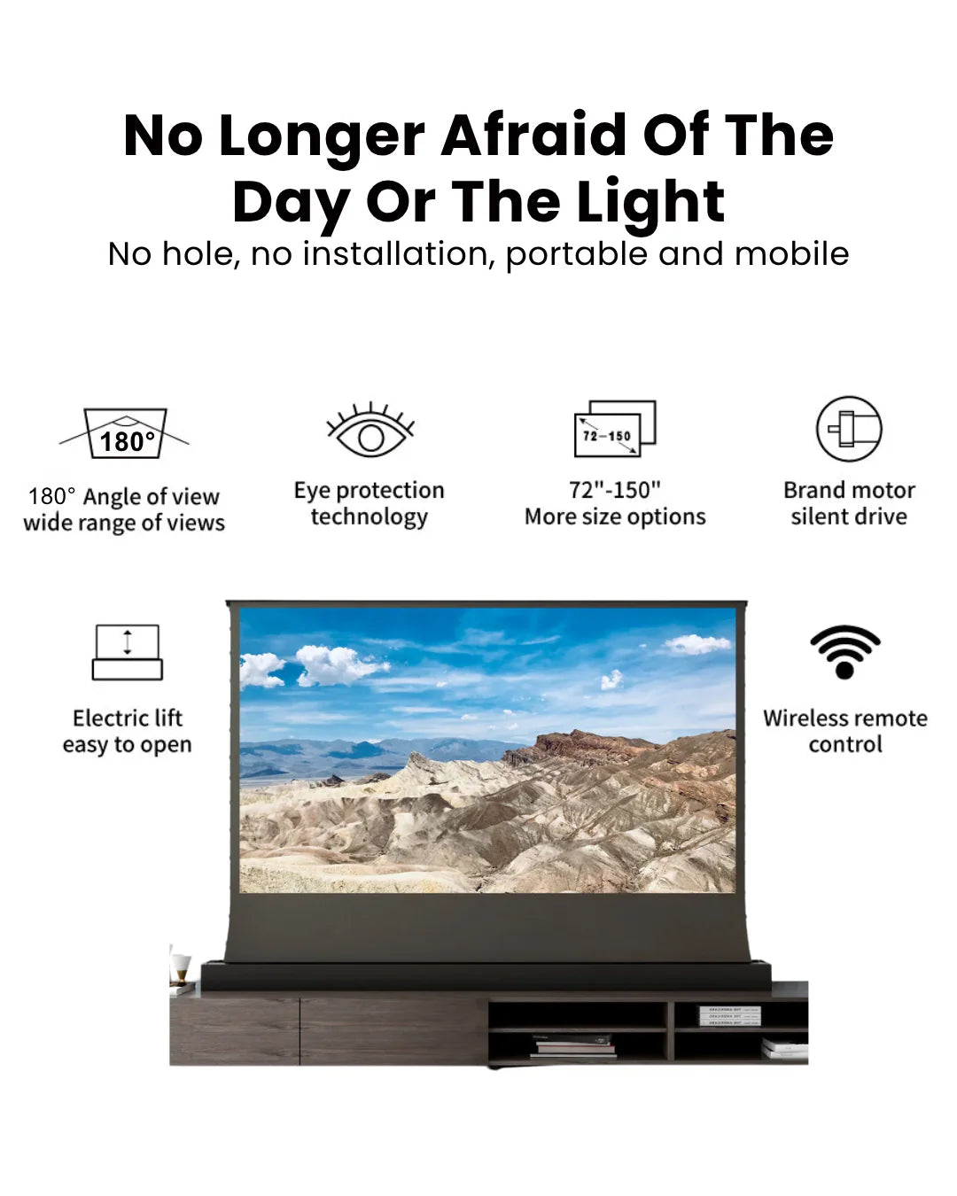 Projector Screen Electric Floor Rising 16:9 Motorized Retractable Design, Portable & Easy Setup for Movies, Gaming & Presentations