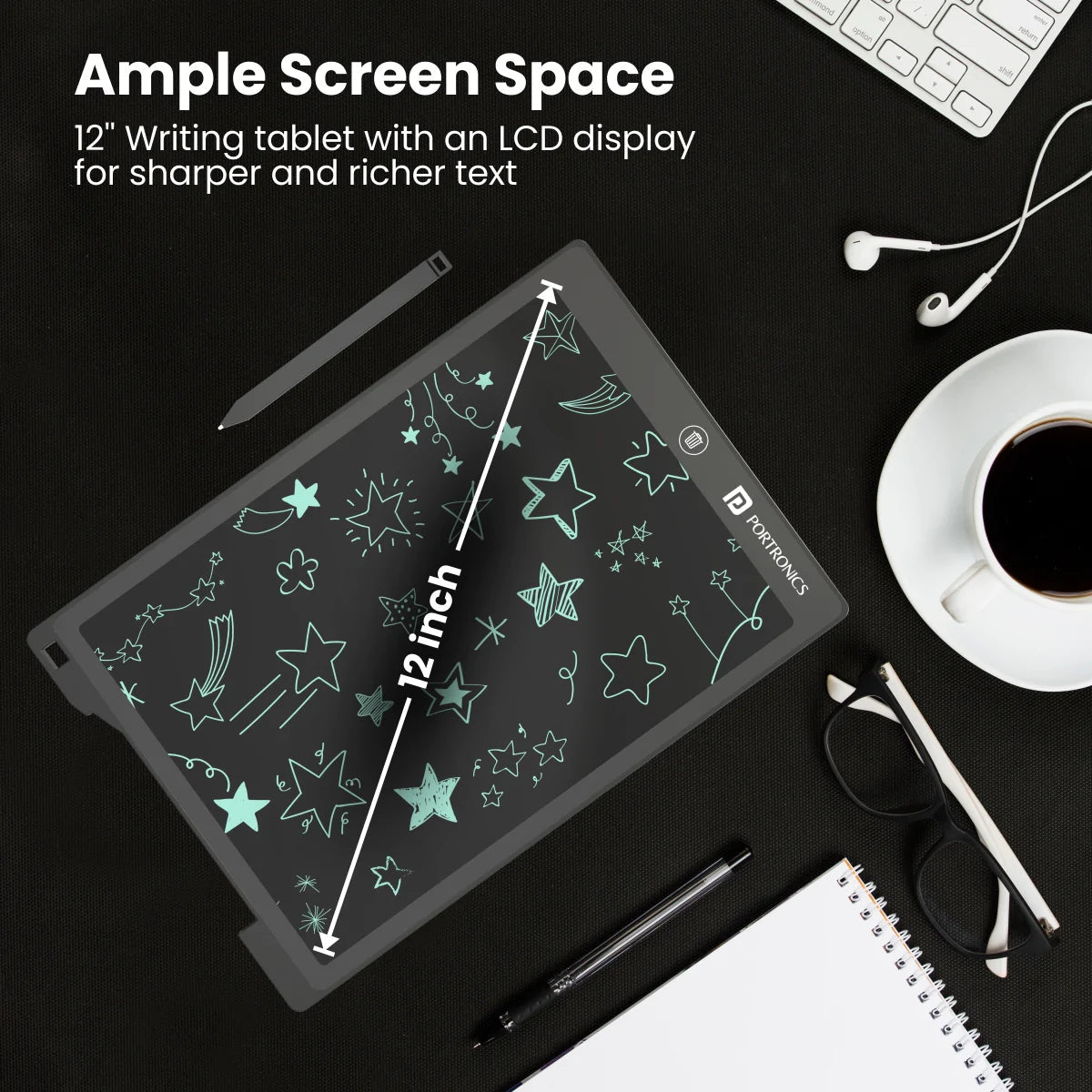 Portronics Ruffpad 12D Re-Writeable 30.48cm (12") LCD Writing Pad with App Support, Magnetic Strips, Content Safety Button, Extra Thin