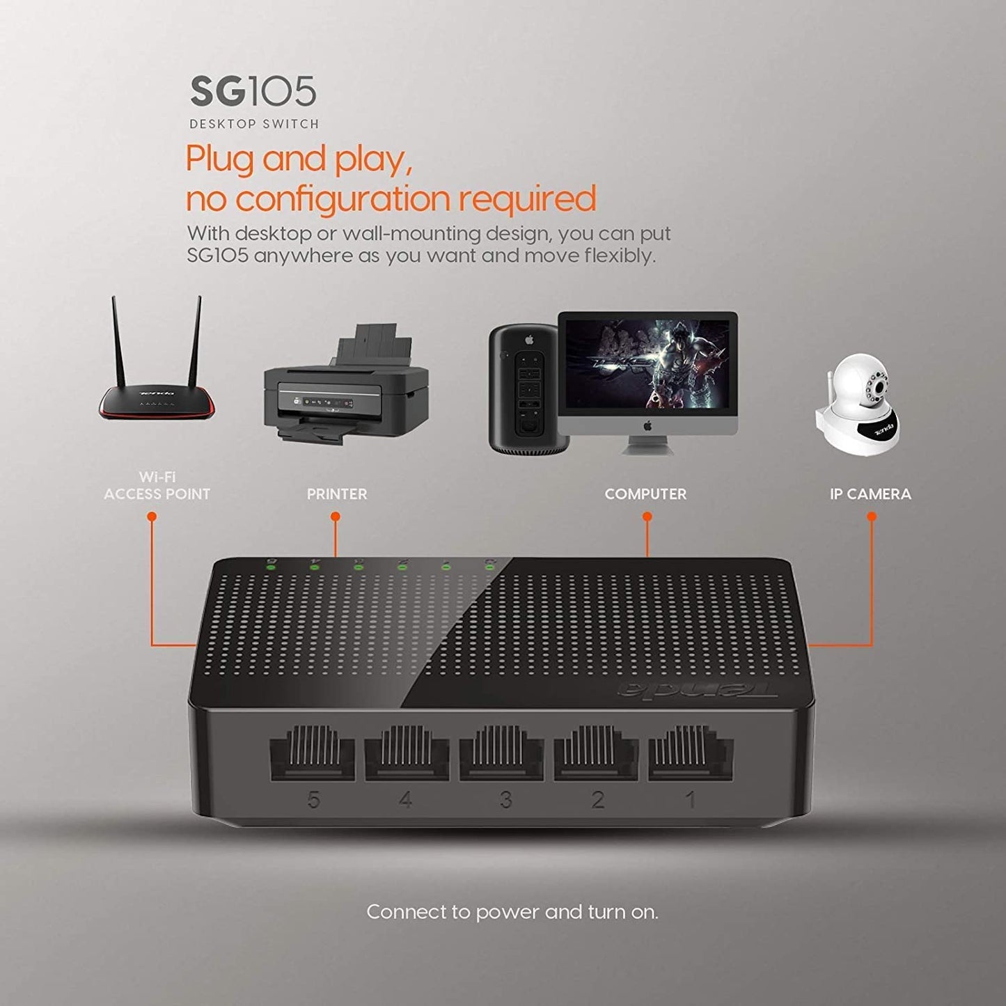 TENDA-SG105 5-Port Ethernet Switch |Small Office or Home network |Smart LED (Black)