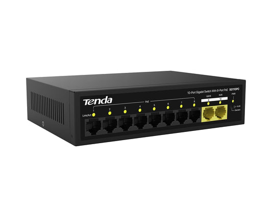 Tenda SG110PC 10-Port Gigabit POE Switch, 8+2 Ports, 4 POE Ports, 1000 Mbps Network Switch (Black)