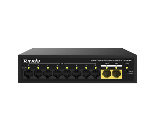 Tenda SG110PC 10-Port Gigabit POE Switch, 8+2 Ports, 4 POE Ports, 1000 Mbps Network Switch (Black)