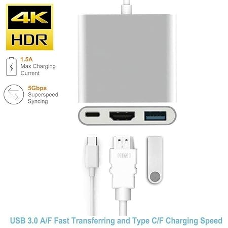 USB-C to HDMI Adapter, 3 in 1 Type-C to HDTV HDMI + USB 3.0 + Type C PD Converter Cable Adapter