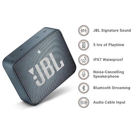 JBL Go 2 Wireless Portable Bluetooth Speaker with Mic, Signature Sound, Vibrant Color Options with IPX7 Waterproof & AUX (Navy Blue)