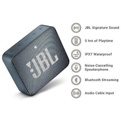 JBL Go 2 Wireless Portable Bluetooth Speaker with Mic, Signature Sound, Vibrant Color Options with IPX7 Waterproof & AUX (Navy Blue)