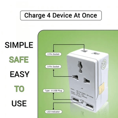 Spike 2+2 Mulktipurpose Conversion Plug | 10 Amp Socket With USB port | Heavy Duty Multi Plug Extension Cord for Office, Home