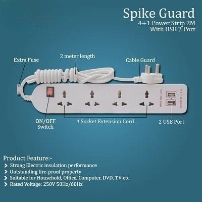 Spike 4+1 Way | Extension Board/Cord, Multi Socket Spike Guard With 2 Port Usb