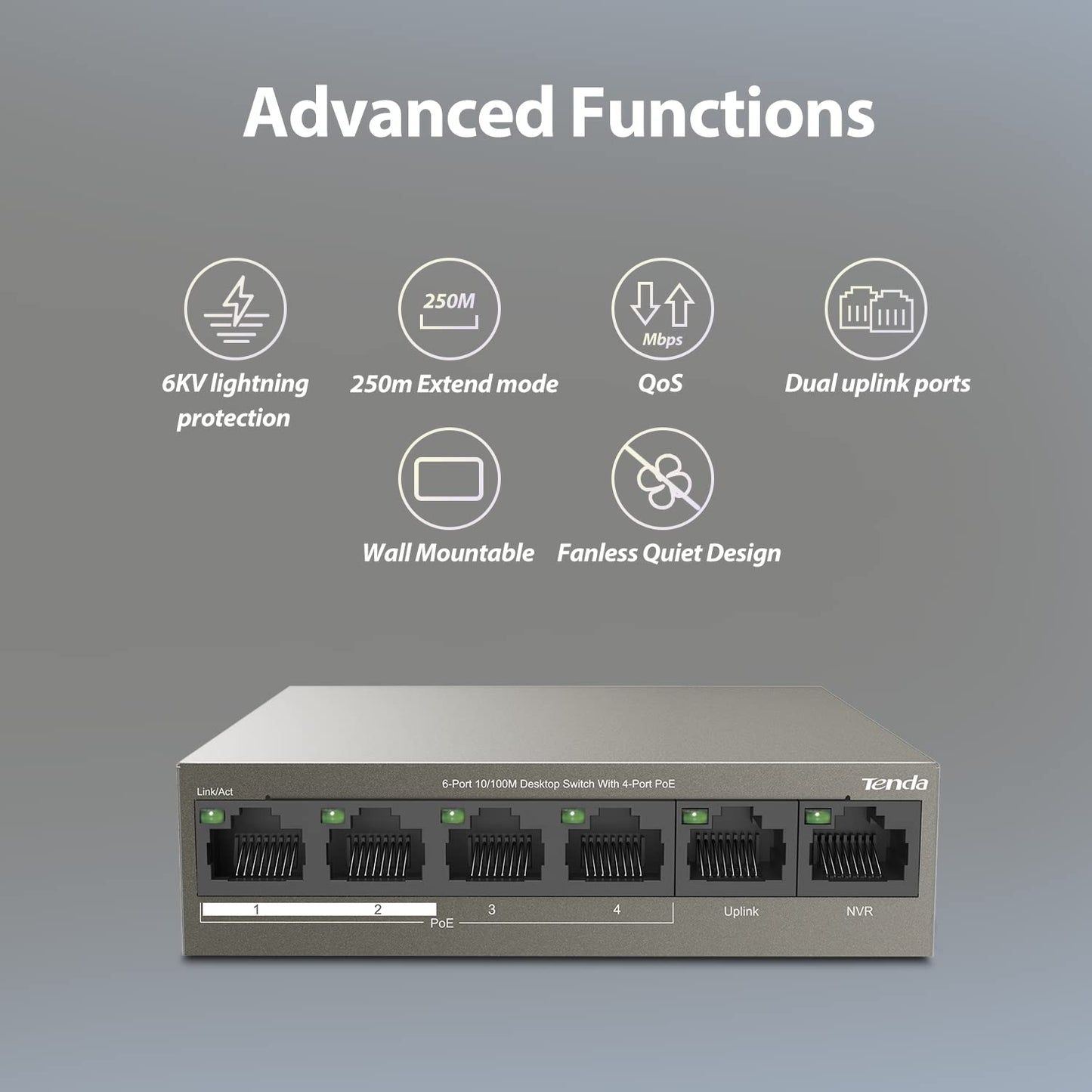 Tenda TEF1106P -63W ,6 Port Fast Ethernet Switch| Dual Uplink | Lightning Protection (Grey)