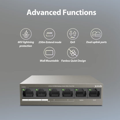 Tenda TEF1106P -63W ,6 Port Fast Ethernet Switch| Dual Uplink | Lightning Protection (Grey)