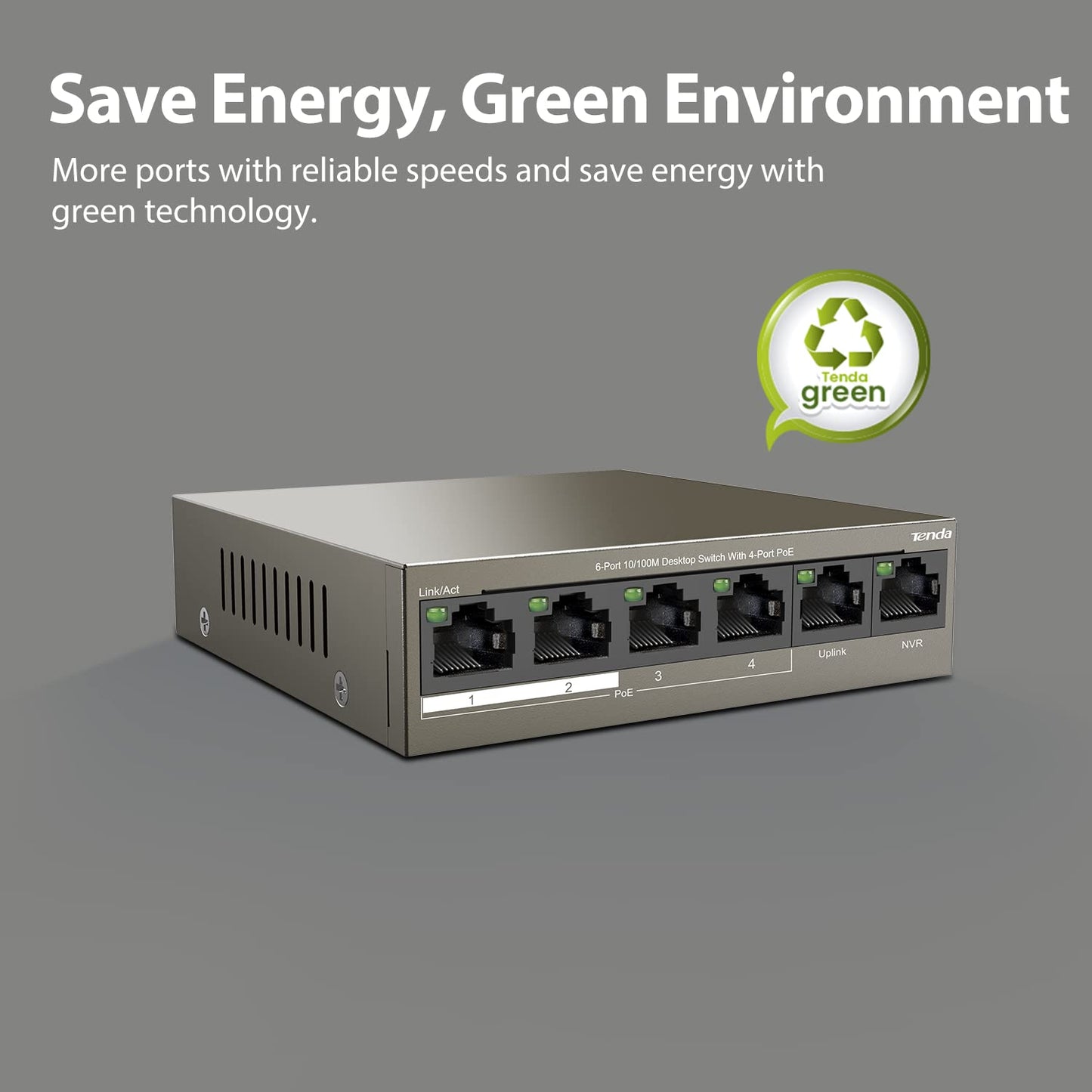 Tenda TEF1106P -63W ,6 Port Fast Ethernet Switch| Dual Uplink | Lightning Protection (Grey)