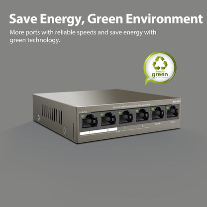 Tenda TEF1106P -63W ,6 Port Fast Ethernet Switch| Dual Uplink | Lightning Protection (Grey)