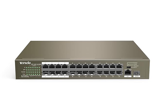 Tenda (TEF1126P-24-250W), 24-Port PoE Switch, 1 GE + 1 SFP Port,250W Power Supply