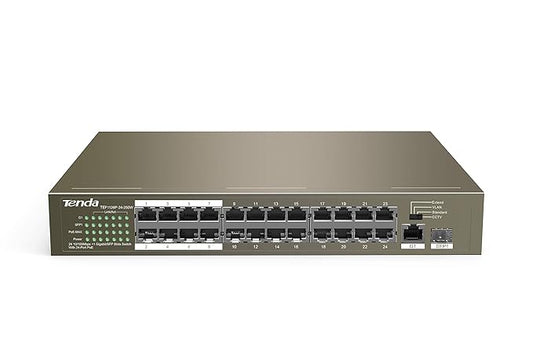 Tenda (TEF1126P-24-250W), 24-Port PoE Switch, 1 GE + 1 SFP Port,250W Power Supply