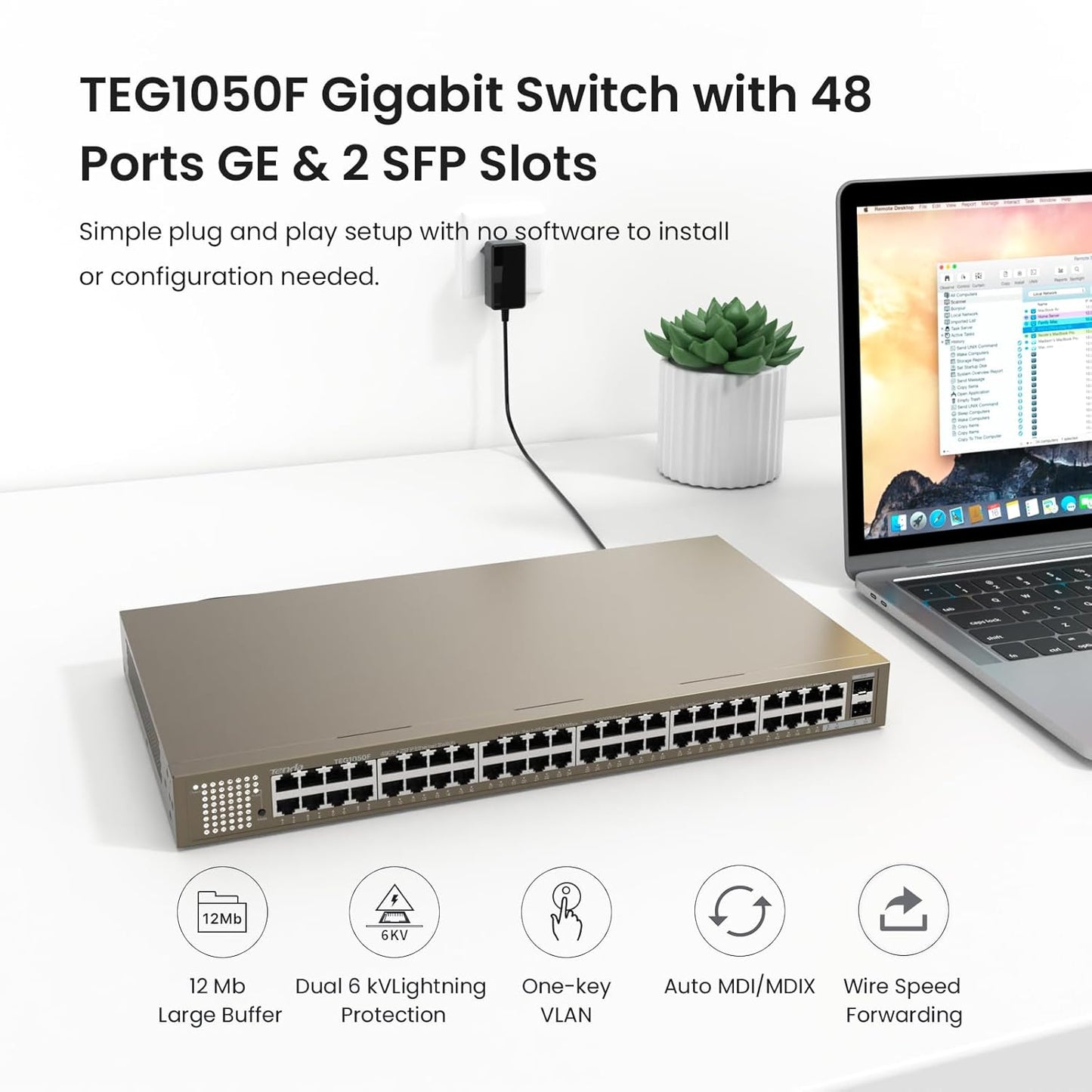 Tenda (TEG1050F) 50-Port Unmanaged Gigabit Ethernet Switch, Ethernet Splitter ,48 Giga+ 2SFP Ports,Plug & Play,Desktop/Wall-Mount