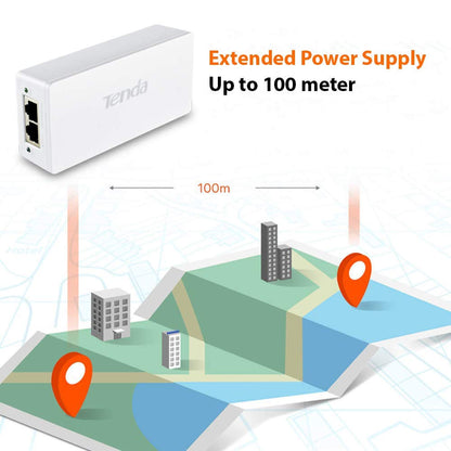 TENDA-PoE30G-AT Gigabit PoE Injector 30W Output Power,Compliant with IEEE 802.3af/at Standard,Power Distance Extension of up to 100 Meters ,Plug and Play