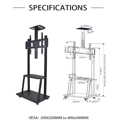 Interactive Panel Stand Full Motion Swivel Floor Stand TV Trolley with Brackets for 32" inch (81.28cm) to 70" (177.8cm) LED, LCD, Plasma