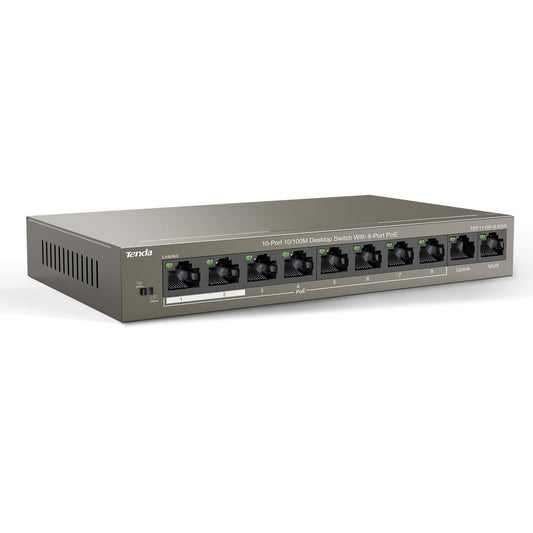 Tenda (TEF1110P-8-63W) PoE Switch 10-Port/100M Ethernet Network Switch, Hub, 8 PoE Ports up to 30 W and 58 W for All PoE Ports, 6 kV Lightenning Protection, Plug and Play (Grey)