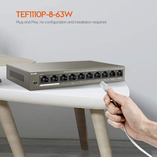 Tenda (TEF1110P-8-63W) PoE Switch 10-Port/100M Ethernet Network Switch, Hub, 8 PoE Ports up to 30 W and 58 W for All PoE Ports, 6 kV Lightenning Protection, Plug and Play (Grey)