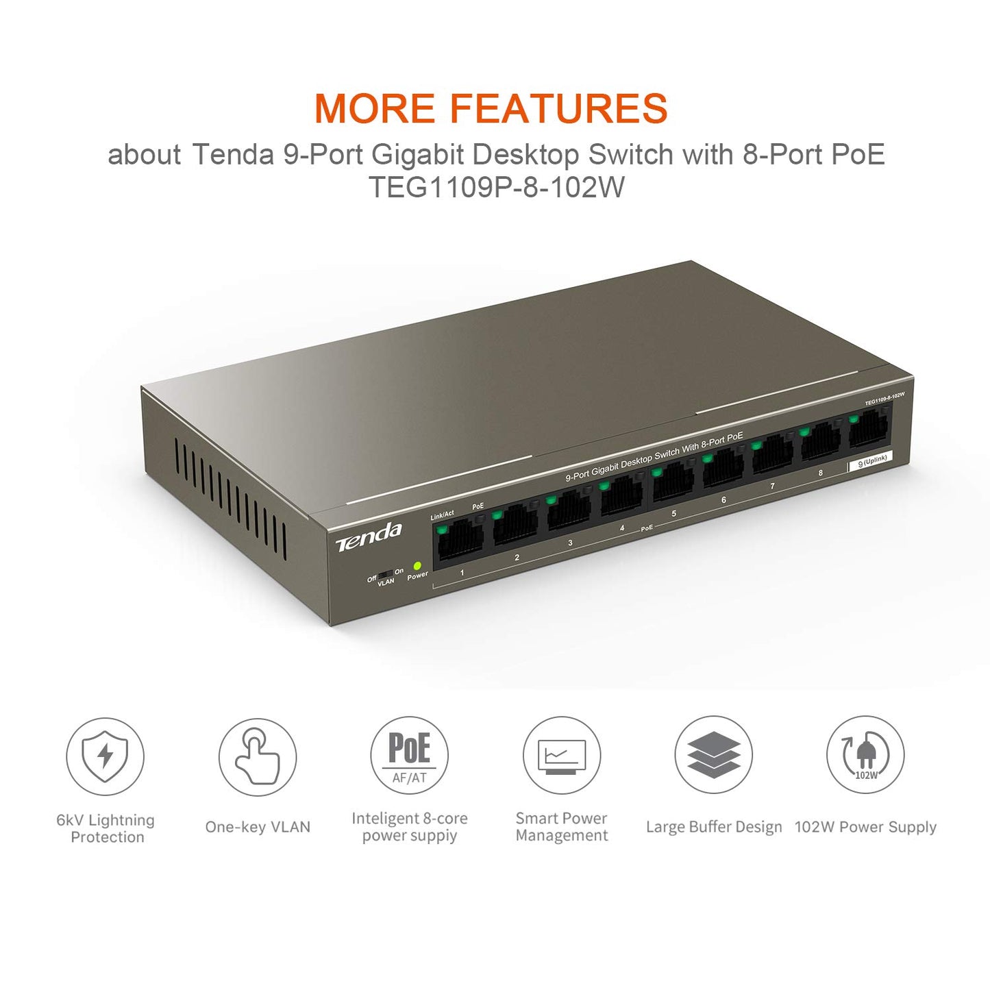 Tenda TEG1109P-8-102W 9-Port Gigabit PoE Switch with 8 PoE Ports, 102W, Plug & Play, Lightning Protection, Metal Housing