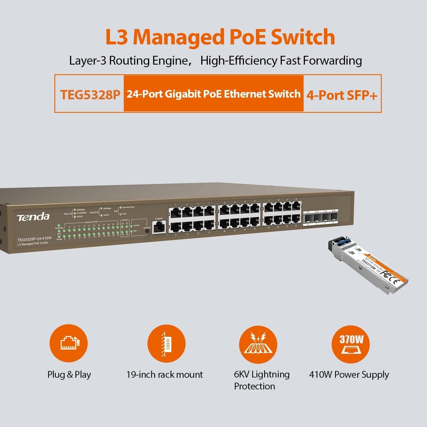 Tenda TEG5328P-24-410W 28-Port L3 Managed PoE Switch, 24 x 10/100/1000Mbps Ports, 1000Mbps Network, 410W Power