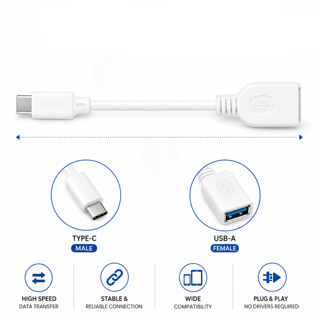 White USB OTG cable with a USB-C to USB-A adapter, shown on a white background with text and feature icons.