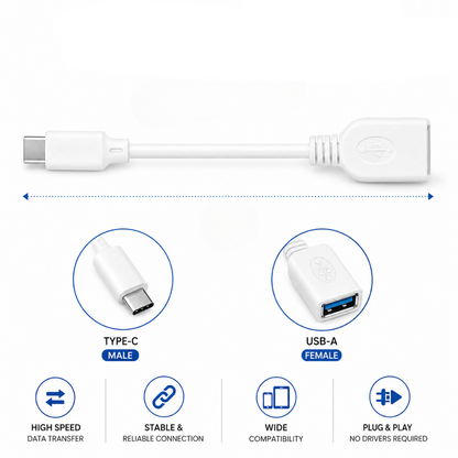 White USB OTG cable with a USB-C to USB-A adapter, shown on a white background with text and feature icons.