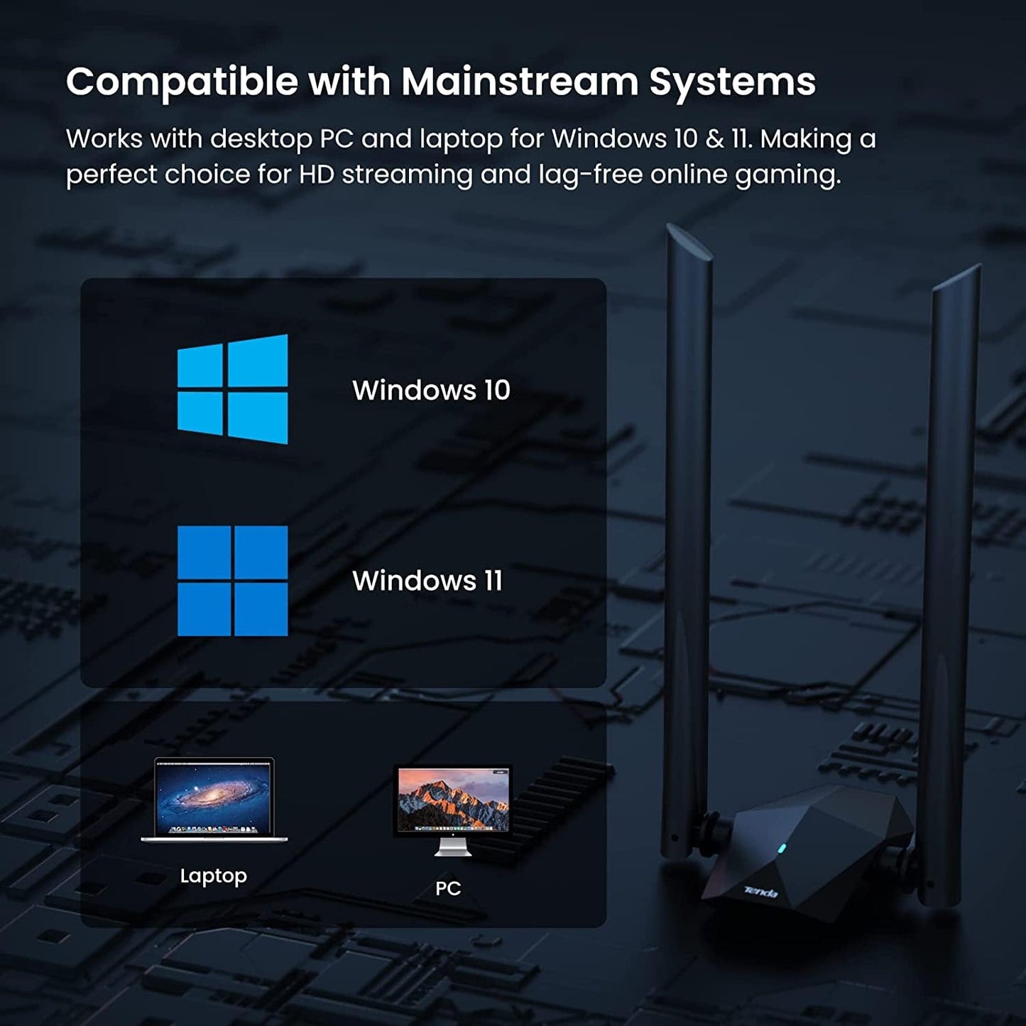 Tenda U18a AX1800 wifi6 Dual-band Wireless USB Adapter with External Anteena ,Supports Windows 11 & 10 Only (Black)