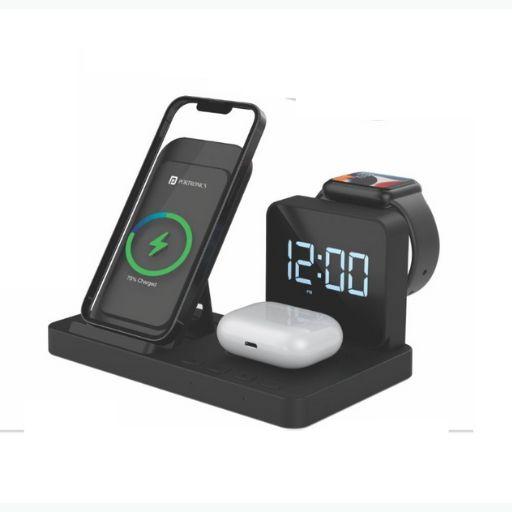 Portronics Bella 15 Watt All in One Wireless Charger for Qi Enabled Phones + Earphones + Smart Watch with Digital Alarm Clock