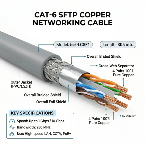Cat-6 Copper SFTP Networking Cable | 4 Pair, 305M Roll | High-Speed Shielded Ethernet for Reliable Connectivity
