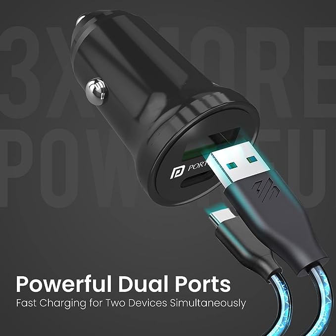 Portronics CarPower Mini Car Charger with Dual Output, Fast Charging (Type C PD 18W + Mach 3.0A) Compatible with All Smartphones (Black)