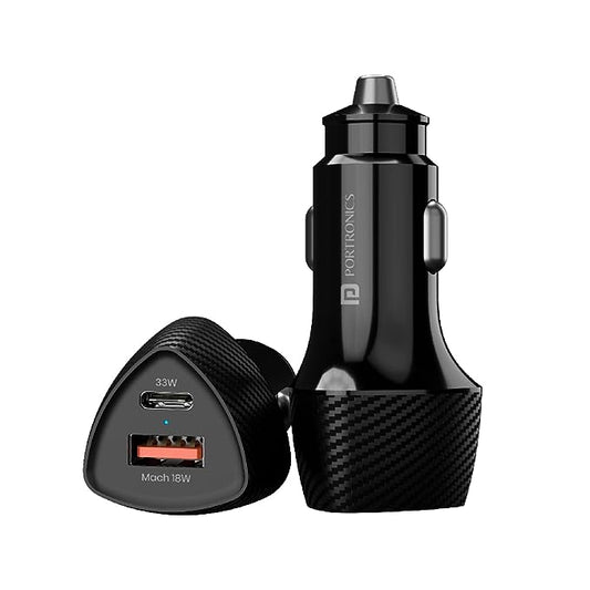 Portronics 51W Car Power 16 Car Charger with Dual Output (33W PD Type C Port + 18W USB A Port),(Black)