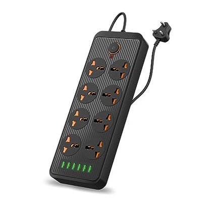 Portronics Power Plate 7 with 6 USB Port + 8 Power Sockets Extension Board Multi Plug with 2500W,2.1A USB Output 3M(Black)
