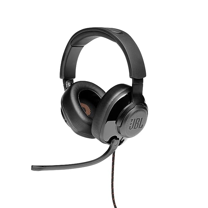 JBL Quantum 300 Wired Over Ear Gaming Headphones with Mic, 50mm Dynamic Drivers, Flip Boom Mic, 3.5mm to USB Type-A Adapter (Black)