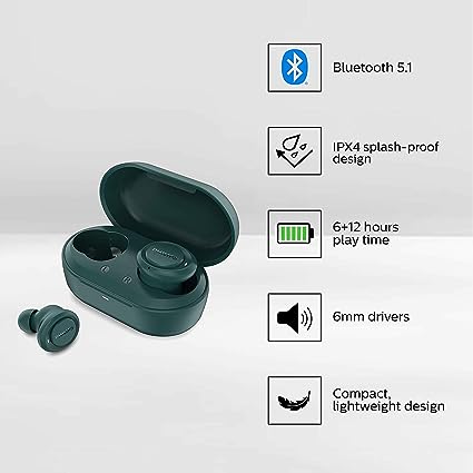 Philips Audio TAT1225BL/94 Bluetooth Truly Wireless in Ear Earbuds with Mic,18 Hours Playtime With Voice Assistant (Blue)