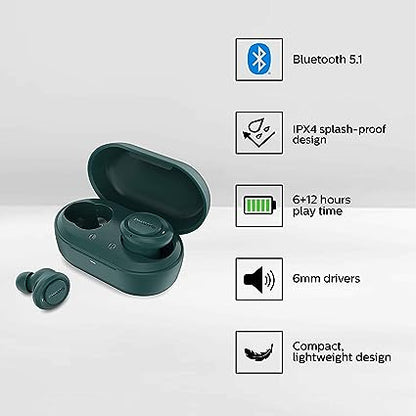 Philips Audio TAT1225BL/94 Bluetooth Truly Wireless in Ear Earbuds with Mic,18 Hours Playtime With Voice Assistant (Blue)