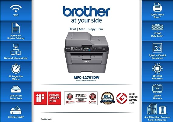 Brother MFC L2701DW Multi-Function Monochrome Laser Printer with Auto Duplex Printing & Wi-Fi