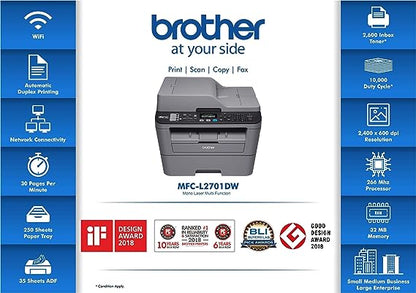 Brother MFC L2701DW Multi-Function Monochrome Laser Printer with Auto Duplex Printing & Wi-Fi