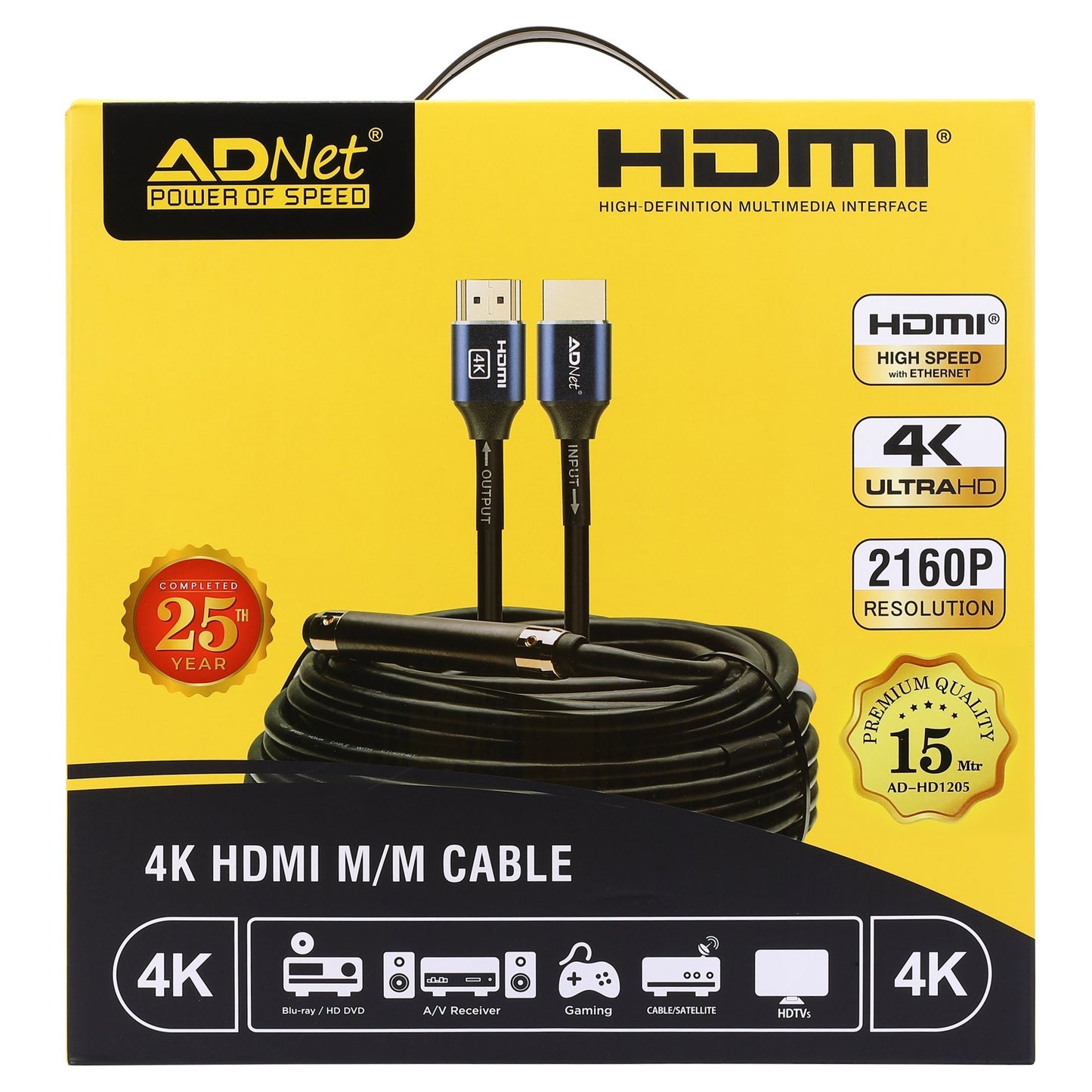 HDMI Male to HDMI Male 4K Cable, 2.0 High-Speed, Supports 3D, 2160p, 1080p, HDR, & Audio Return, Compatible with TV, PC, Monitor, Projector (Blue)-1.5m