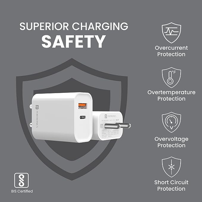 Portronics Adapto 45 20W Mach USB & Type-C Dual Output Super Fast Charger, Wall Adapter Power Delivery 3.0 Fast Charging (White)