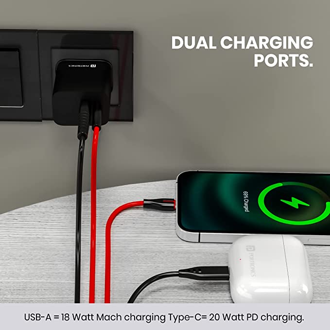 Portronics ADAPTO 20B 20W Dual Port Fast Charging Adapter Type C PD 3.0 & Mach USB-A Compatible with iPhone & Android (Black)