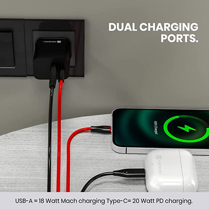 Portronics ADAPTO 20B 20W Dual Port Fast Charging Adapter Type C PD 3.0 & Mach USB-A Compatible with iPhone & Android (Black)