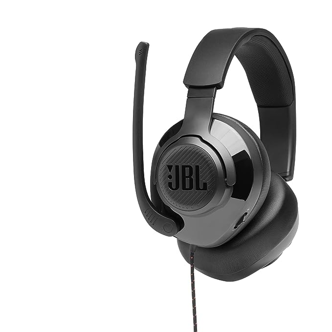 JBL Quantum 300 Wired Over Ear Gaming Headphones with Mic, 50mm Dynamic Drivers, Flip Boom Mic, 3.5mm to USB Type-A Adapter (Black)