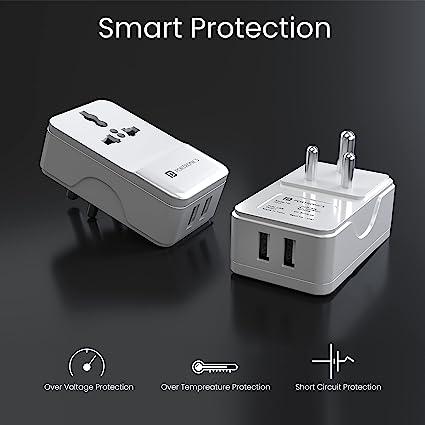 Portronics Adapto III Dual USB Adapter with 1 AC Power Socket 3.4Amp Total Output (White)